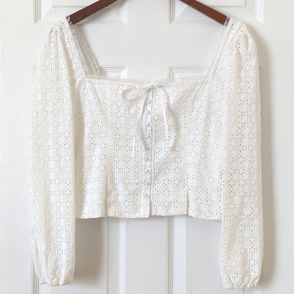 Joie Tops - Joie Eyelet Embroidered Square Neck Form Fitting Long Sleeve Cropped Top White S
